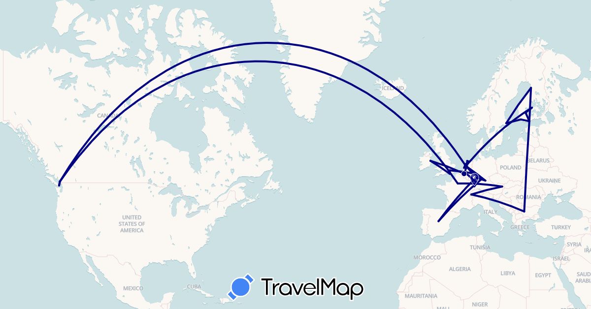 TravelMap itinerary: driving in Austria, Belgium, Bulgaria, Canada, Switzerland, Germany, Spain, Finland, France, United Kingdom, Ireland, Netherlands, Sweden (Europe, North America)